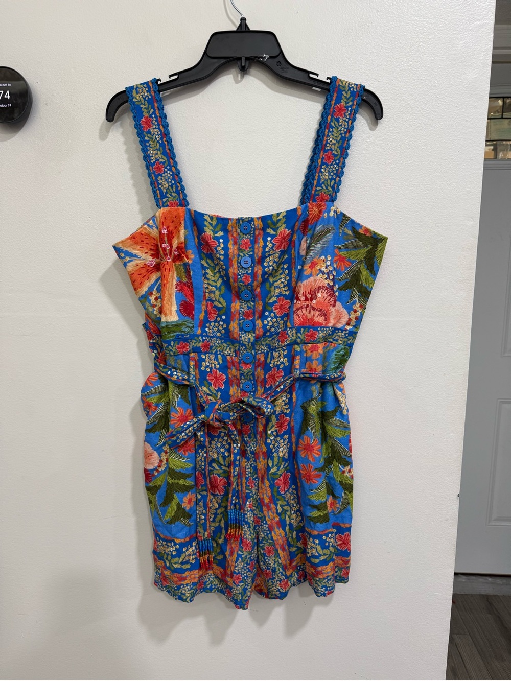 NEW FARM Rio Stitched Garden Floral Belted Linen Blend Romper SZ Large - Picture 5 of 10